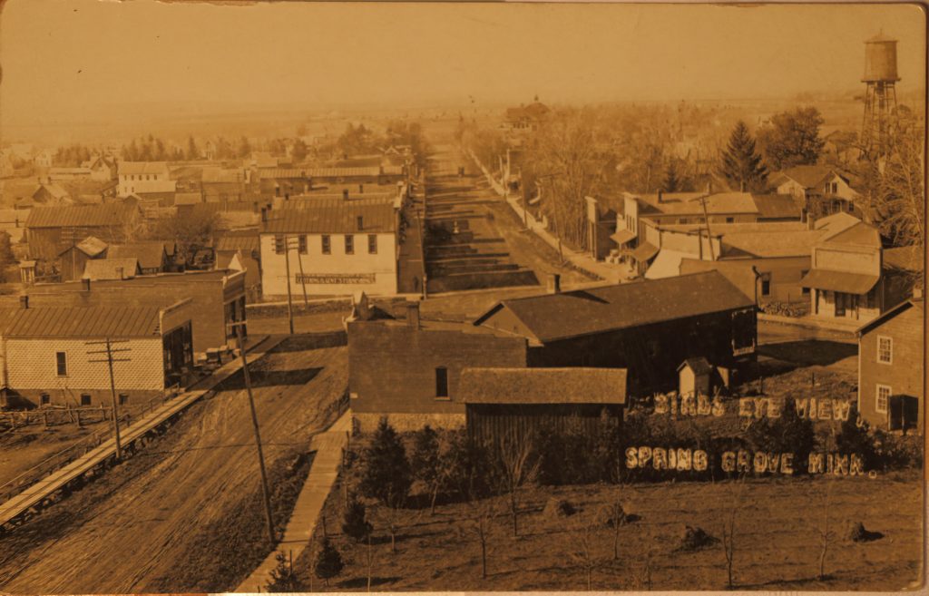 Bird's-eye view of Spring Grove, Minnesota. Post card courtesy of Donald Ellestad.